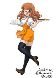 Rule 34 | 10s, 1girl, ;d, absurdres, alternate costume, apron, artist name, ass, black thighhighs, blunt bangs, breasts, brown footwear, commentary request, dated, food, from side, full body, girls und panzer, glasses, high-waist skirt, highres, holding, ice, loafers, long hair, looking at viewer, medium breasts, miniskirt, name tag, one-hour drawing challenge, one eye closed, open mouth, orange apron, orange eyes, orange hair, orange skirt, red-framed eyewear, semi-rimless eyewear, shiina excel, shoes, signature, simple background, skindentation, skirt, smile, solo, standing, suspender skirt, suspenders, takebe saori, thighhighs, tray, twitter username, under-rim eyewear, waist apron, waitress, water, white background