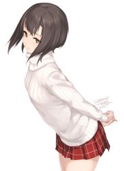 Rule 34 | 10s, 1girl, arms behind back, artist name, brown eyes, brown hair, cowboy shot, kantai collection, leaning forward, looking at viewer, plaid, plaid skirt, pleated skirt, ribbed sweater, rokuwata tomoe, short hair, signature, simple background, skirt, solo, sweater, taihou (kancolle), turtleneck, turtleneck sweater, twitter username, white background