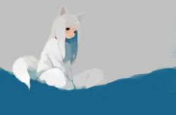 Rule 34 | 1girl, :c, animal ears, blue background, blue theme, cat ears, cat girl, cat tail, grey background, long hair, long sleeves, looking at viewer, ohiam, original, sitting, solo, tail, white hair, white tail