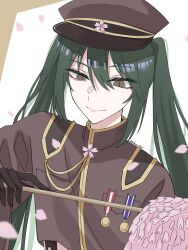 Rule 34 | 1girl, absurdres, black gloves, brown eyes, cherry blossoms, closed mouth, commentary, falling petals, gloves, green hair, hair between eyes, hat, hatsune miku, highres, long hair, military hat, military uniform, petals, senbonzakura (vocaloid), slit pupils, solo, tsukuno tsuki, twintails, twitter username, uniform, upper body, vocaloid, white background