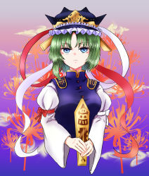 Rule 34 | 1girl, absurdres, asymmetrical hair, black hat, blue eyes, blue vest, bow, breasts, buttons, closed mouth, cloud, commentary request, cropped torso, epaulettes, expressionless, flower, frilled hat, frills, gradient background, green hair, hat, highres, long sleeves, looking at viewer, medium breasts, purple background, red bow, rod of remorse, rouma, shiki eiki, shirt, short hair, sleeve bow, solo, spider lily, touhou, upper body, vest, white bow, white shirt, wide sleeves