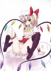 Rule 34 | 1girl, anus, arm support, blonde hair, breasts, censored, female focus, flandre scarlet, nipples, no panties, open clothes, open shirt, pussy, red eyes, shirt, side ponytail, small breasts, solo, spread legs, touhou, utakata (kochou no yume), wings