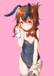 Rule 34 | 1girl, animal ears, bare shoulders, black leotard, black thighhighs, blush, bow, bowtie, breasts, brown eyes, brown hair, closed mouth, collar, commentary request, detached collar, fake animal ears, folded ponytail, groin, hair between eyes, highleg, highleg leotard, inazuma (kancolle), kantai collection, leotard, long hair, looking at viewer, pink background, playboy bunny, rabbit ears, rabbit girl, red bow, red bowtie, sidelocks, simple background, small breasts, solo, strapless, strapless leotard, thigh gap, thighhighs, twitter username, white collar, wing collar, wrist cuffs, yaosera