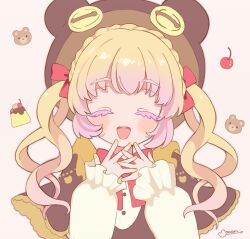 Rule 34 | 1girl, :d, ^ ^, absurdres, bear hat, blonde hair, bow, brown capelet, brown headwear, capelet, cherry, closed eyes, facing viewer, food, fruit, gradient hair, hair bow, hands up, hanitan, highres, long hair, long sleeves, looking at viewer, momokan (mmkn100), multicolored hair, open mouth, pink hair, pretty series, pudding, red bow, smile, solo, stuffed animal, stuffed toy, teddy bear, twintails, upper body, waccha primagi!, white background, yellow nails