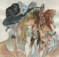 Rule 34 | 2girls, blonde hair, bow, braid, breasts, brown hair, closed eyes, commentary, cowboy shot, detached sleeves, french kiss, from side, hair bow, hair tubes, hakurei reimu, hat, highres, kirisame marisa, kiss, long hair, long sleeves, medium breasts, multiple girls, open clothes, open shirt, painting (medium), profile, red bow, sarashi, simple background, small breasts, touhou, traditional media, very long hair, watercolor (medium), white background, wide sleeves, witch hat, yuri, yuuren kyouko