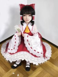 Rule 34 | 1girl, ascot, bad id, bad nicoseiga id, black hair, bow, brown eyes, detached sleeves, doll, dress, female focus, flower, frills, full body, hair bow, hair tubes, hakurei reimu, indoors, lace-trimmed sleeves, lace trim, long hair, looking at viewer, mary janes, on floor, petals, photo (medium), plant, realistic, ribbon trim, sakusha, shoes, sitting, solo, touhou, wooden floor