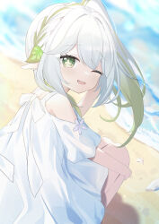 Rule 34 | 1girl, ;d, absurdres, alternate costume, beach, braid, commentary request, cross-shaped pupils, day, dot nose, dress, from above, from behind, genshin impact, gradient hair, green eyes, green hair, hair ornament, highres, leaf hair ornament, light blush, long hair, looking at viewer, mogumogumo 0, multicolored hair, nahida (genshin impact), ocean, one eye closed, open mouth, outdoors, pointy ears, sand, side braid, side ponytail, smile, solo, squatting, starfish, sundress, symbol-shaped pupils, water, white dress, white hair