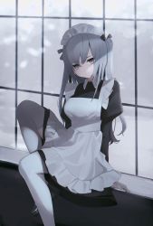 Rule 34 | 1girl, absurdres, apron, black dress, black footwear, closed mouth, dress, fingernails, grey eyes, grey hair, grey nails, head tilt, highres, juliet sleeves, long sleeves, looking at viewer, maid, maid apron, maid headdress, migihidari (puwako), nail polish, original, puffy sleeves, shoes, sitting, solo, thighhighs, two side up, white apron, white thighhighs, window