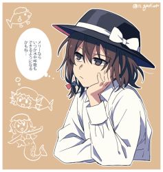 Rule 34 | black headwear, bow, brown eyes, brown hair, brown headwear, closed mouth, commentary request, fedora, fish, hair bow, hand on own face, hat, hat bow, long sleeves, maribel hearn, mermaid, mob cap, monster girl, re ghotion, red bow, shirt, solo focus, touhou, translation request, upper body, usami renko, white bow, white shirt