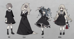 Rule 34 | 4girls, arm up, black dress, black footwear, black socks, blonde hair, character name, child, closed mouth, doll, dress, full body, grey background, grey eyes, grey hair, highres, holding, holding doll, jiz (pffbq), kneehighs, long dress, long hair, long sleeves, looking at viewer, monster girl, multicolored eyes, multiple girls, muted color, one eye closed, original, own hands clasped, own hands together, pigeon-toed, puffy long sleeves, puffy sleeves, red eyes, short hair, short sleeves, socks, standing, standing on one leg, tentacles, very long hair