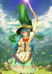 Rule 34 | 1girl, absurdres, black headwear, blue hair, blue sky, blush, bow, bowtie, center frills, character name, closed mouth, cloud, cloudy sky, collared shirt, commentary request, creatures (company), crossover, ekaapetto, english text, frilled skirt, frills, game freak, gen 3 pokemon, gleam, green skirt, hand up, hat, highres, hinanawi tenshi, holding, holding sword, holding weapon, leaf, legendary pokemon, long hair, looking at viewer, nintendo, peach hat ornament, pokemon, pokemon (creature), power connection, puffy short sleeves, puffy sleeves, rainbow order, rayquaza, red bow, red bowtie, red eyes, rock, scarlet weather rhapsody, shirt, short sleeves, skirt, sky, smile, sword, sword of hisou, touhou, weapon, white shirt