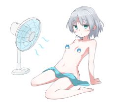 Rule 34 | 1girl, arm support, bad id, bad pixiv id, blue eyes, breasts, censored, collarbone, electric fan, highres, navel, censored nipples, novelty censor, nude, sanya v. litvyak, seedflare, short hair, silver hair, sitting, small breasts, solo, strike witches, towel, wariza, wind, world witches series