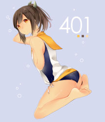 Rule 34 | 10s, 1girl, ass, barefoot, blue background, brown eyes, brown hair, dutch angle, i-401 (kancolle), ishita (sunagimomo), kantai collection, long hair, looking back, ponytail, school swimsuit, school uniform, short hair, sidelocks, simple background, sitting, solo, swimsuit, wariza