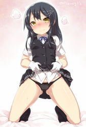 Rule 34 | 10s, 1girl, black hair, black panties, black skirt, black socks, black vest, blue ribbon, blush, buttons, clothes lift, collared shirt, full body, gloves, gluteal fold, hair ornament, hairclip, kantai collection, kneeling, lifted by self, long hair, looking at viewer, neck ribbon, nose blush, oyashio (kancolle), panties, pleated skirt, ribbon, school uniform, shirt, short sleeves, skirt, skirt lift, socks, solo, torimaru, twitter username, underwear, vest, wavy mouth, white gloves, white shirt, yellow eyes