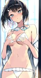Rule 34 | 1girl, arknights, bare shoulders, bikini, black hair, commentary request, cowboy shot, goggles, goggles around neck, grey eyes, groin, head tilt, highres, kyuu (plastic night q), la pluma (arknights), la pluma (summer flowers) (arknights), looking at viewer, navel, off shoulder, official alternate costume, short hair, solo, standing, stomach, swimsuit, white bikini