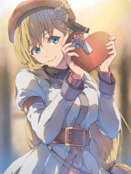 Rule 34 | 1girl, agnes claudel, arm strap, belt, beret, black ribbon, blonde hair, blue eyes, blurry, blurry background, box, braid, braided bun, breasts, brown belt, chiharu (9654784), closed mouth, coat, commentary, cowboy shot, eiyuu densetsu, falcom, gift, gift box, hair between eyes, hair bun, hair ribbon, hat, head tilt, heart, heart-shaped pupils, highres, holding, holding gift, kuro no kiseki, long hair, long sleeves, looking at viewer, low-tied long hair, medium breasts, pink sweater, red hat, ribbed sweater, ribbon, side bun, single hair bun, single side bun, smile, solo, sweater, symbol-shaped pupils, white coat