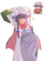Rule 34 | 1girl, book, chzzei, eating, food, fruit, highres, long hair, one eye closed, patchouli knowledge, simple background, solo, sweatdrop, touhou, very long hair, watermelon