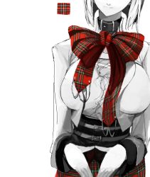 Rule 34 | 1girl, bow, breasts, collar, head out of frame, large breasts, long sleeves, monochrome, original, plaid, pupps, short hair, simple background, solo, spot color, white background