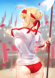 Rule 34 | &gt;:(, 1girl, ahoge, ass, blonde hair, blush, breasts, buruma, closed mouth, colosseum, cowboy shot, fate/grand order, fate (series), from behind, green eyes, gym uniform, hair intakes, hair ribbon, headband, medium breasts, nero claudius (fate), nero claudius (fate) (all), nero claudius (fate/extra), nero claudius (olympian bloomers) (fate), official alternate costume, onigiri-kun (demmy), petals, ribbon, solo, v-shaped eyebrows