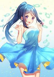 Rule 34 | 1girl, :d, aqua dress, aqua skirt, artist name, artist request, bare legs, bare shoulders, blue dress, blue hair, blush, breasts, clenched hand, collarbone, cowboy shot, dress, female focus, fish, hair between eyes, hands up, heart, long hair, looking at viewer, love live!, love live! sunshine!!, matsuura kanan, medium breasts, moyui (myi 005), open mouth, parted lips, ponytail, purple eyes, see-through silhouette, skirt, smile, solo, strapless, strapless dress, teeth, upper teeth only, white background