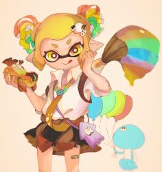 Rule 34 | 1girl, :q, bag, balloon, bandage on knee, bandages, black skirt, blonde hair, clothes around waist, collared shirt, food, giant brush, hair ornament, hairclip, hand on own head, hand up, highres, holding, holding balloon, holding food, holding paintbrush, holding weapon, inkling, inkling girl, inkling player character, jacket, jacket around waist, jellyfish (splatoon), kurea0399, looking at viewer, necktie, nintendo, paintbrush, pointy ears, purple bag, rainbow order, shirt, short hair, simple background, skirt, sleeves rolled up, splatoon (series), squid, standing, tongue, tongue out, twintails, upper body, v-shaped eyebrows, weapon, white background, white shirt, yellow eyes, yellow necktie