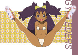 Rule 34 | 1girl, :d, arms behind back, big hair, bikini, blush, brown eyes, cameltoe, commentary request, covered erect nipples, creatures (company), dark-skinned female, dark skin, full body, game freak, gym leader, iris (pokemon), legs up, long hair, looking at viewer, makoto daikichi, navel, nintendo, open mouth, outline, pink footwear, pokemon, pokemon bw, purple hair, shoe soles, shoes, smile, solo, spread legs, swimsuit, tongue, two side up