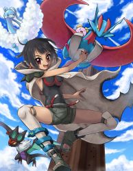 Rule 34 | 10s, 1girl, altaria, ankle boots, anklet, black hair, blue sky, boots, chaps, cloak, cloud, creatures (company), day, full body, game freak, gen 3 pokemon, gen 6 pokemon, holding, holding poke ball, in-universe location, jewelry, looking at viewer, mega pokemon, mega salamence, nintendo, noivern, over-kneehighs, poke ball, poke ball (basic), pokemoa, pokemon, pokemon (creature), pokemon oras, red eyes, salamence, short hair, short ponytail, short shorts, shorts, shoulder pads, sky, spread legs, thighhighs, toeless footwear, whismur, zinnia (pokemon)