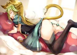 Rule 34 | 1girl, anal, anal beads, anal object insertion, animal ears, armlet, ass, atalanta (fate), black thighhighs, blonde hair, braid, breasts, closed eyes, clothes lift, clothes pull, dress, dress lift, dress pull, fate/grand order, fate (series), female focus, from side, lion ears, lion tail, long hair, looking down, lying, medium breasts, nakatokung, no panties, hugging object, object insertion, on stomach, open mouth, pillow, pillow hug, pleated skirt, puffy short sleeves, puffy sleeves, pussy, pussy juice, sex toy, short dress, short sleeves, side braid, skirt, solo, tail, thighhighs
