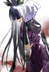 Rule 34 | 1girl, black gloves, black hair, china dress, chinese clothes, dress, flower, flower on head, from side, gloves, hand up, highres, kaigen 1025, long hair, open mouth, purple dress, purple flower, short sleeves, side ponytail, solo, touhou, yomotsu hisami