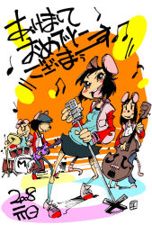 Rule 34 | 00s, 2008, 2boys, 2girls, animal ears, band, beamed quavers, black hair, brown eyes, buck teeth, cello, double bass, drum, guitar, hirano masanori, instrument, microphone, mouse ears, mouse tail, multiple boys, multiple girls, musical note, new year, quaver, tail, teeth