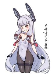Rule 34 | 1girl, absurdres, alternate costume, bare shoulders, black pantyhose, blunt bangs, breasts, covered navel, cropped legs, floating headgear, gloves, grey hair, hair ribbon, headgear, highres, kantai collection, leotard, long hair, looking at viewer, murakumo (kancolle), one-hour drawing challenge, orange eyes, pantyhose, ribbon, sidelocks, simple background, small breasts, smile, solo, standing, strapless, strapless leotard, the second form, thighband pantyhose, tress ribbon, twitter username, two-tone gloves, very long hair, white background, white gloves, white leotard