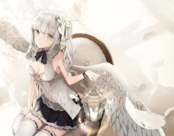 Rule 34 | 1girl, angel, angel wings, bare shoulders, black ribbon, bow, breasts, chair, cleavage, closed mouth, collar, detached collar, feathers, flower, frilled skirt, frills, from above, grey hair, hair flower, hair ornament, holding, lantern, looking at viewer, original, pleated skirt, ribbon, see-through, shirt, sidelocks, sitting, skirt, sleeveless, sleeveless shirt, solo, thighhighs, two side up, wavy hair, white eyes, white shirt, wings, wrist ribbon, yukisame, zettai ryouiki