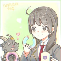Rule 34 | :3, black eyes, black hair, blush, border, closed mouth, collared shirt, copyright request, doughnut, eating, fading border, food, formal, goat, green background, heart, horn ornament, horn ring, horns, long hair, long sleeves, necktie, open mouth, red necktie, sabita kan, shirt, suit, translation request, white border, white shirt