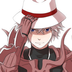 Rule 34 | 1boy, arm blade, armor, black bodysuit, blue eyes, bodysuit, closed mouth, commentary request, gauntlets, guillotine cross (ragnarok online), hair between eyes, hat tip, looking at viewer, male focus, natsuya (kuttuki), pauldrons, ragnarok online, red armor, shaded face, short hair, shoulder armor, simple background, solo, upper body, weapon, white background, white hair, white headwear
