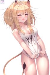 Rule 34 | 1girl, :o, absurdres, animal ear fluff, animal ears, arknights, artist name, bare arms, bare shoulders, blonde hair, blush, bottomless, breasts, brown eyes, cleavage, commentary, cowboy shot, fang, highres, large breasts, lion ears, lion tail, long hair, looking at viewer, nail polish, no panties, no pants, open mouth, siege (arknights), simple background, solo, standing, tail, tank top, tank top tug, thighs, vitaminechan, white background, white tank top