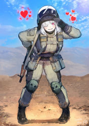 Rule 34 | 1girl, assault rifle, belt pouch, black footwear, black gloves, blue sky, blush, boots, cloud, day, desert, fingerless gloves, full body, gloves, grey jacket, grey pants, gun, hand on own hip, heart, helmet, highres, jacket, knee pads, leaning forward, load bearing vest, long hair, long sleeves, looking at viewer, military, military uniform, mountain, original, outdoors, panda8581, pants, pouch, red eyes, rifle, salute, sky, smile, solo, standing, uniform, weapon, white hair