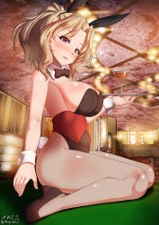 Rule 34 | 1girl, animal ears, black bow, black bowtie, blonde hair, blue eyes, blush, bow, bowtie, breasts, covered erect nipples, drink, fake animal ears, fake tail, fishnet pantyhose, fishnets, girls und panzer, glass, highres, indoors, kay (girls und panzer), large breasts, leotard, long hair, looking at viewer, megadeko, open mouth, pantyhose, playboy bunny, rabbit ears, rabbit tail, smile, solo, tail