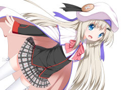 Rule 34 | 1girl, blue eyes, bow, cape, child, hat, little busters!, long hair, noumi kudryavka, open mouth, pink bow, plaid, plaid skirt, school uniform, shouji ayumu, silver hair, skirt, solo, thighhighs, uncensored, visual art&#039;s