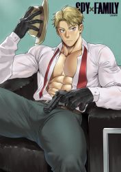Rule 34 | 1boy, abs, belt, blonde hair, blue eyes, denim, formal, gloves, gun, handgun, hat, highres, jeans, looking at viewer, male focus, mature male, muscular, muscular arms, muscular male, necktie, open clothes, open shirt, pants, pectorals, pistol, solo, spy x family, suit, twilight (spy x family), weapon