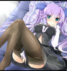 Rule 34 | 1girl, absurdres, ahoge, aqua eyes, between legs, blush, breasts, brown pantyhose, fang, hair ribbon, hand to own mouth, highres, kakao (chocolate land), letterboxed, long hair, looking at viewer, lying, on back, original, pantyhose, pillow, purple hair, ribbon, skirt, smile, solo, striped, thighband pantyhose, twintails, yukaribe setsuko