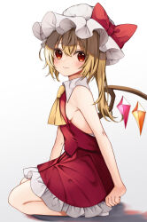 Rule 34 | 1girl, absurdres, artist name, ascot, bare shoulders, blonde hair, blush, bow, breasts, closed mouth, collared shirt, crystal, flandre scarlet, frilled skirt, frills, gradient background, grey background, grey shirt, hair between eyes, hat, hat bow, highres, jewelry, looking away, mob cap, multicolored wings, one side up, red bow, red eyes, red skirt, red vest, seiza, shadow, shirt, short hair, sideboob, simple background, sitting, skirt, skirt set, sleeveless, sleeveless shirt, small breasts, solo, touhou, vest, white background, white hat, wing collar, wings, yellow ascot, yuineko