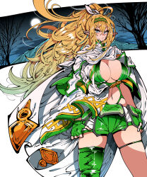 1girl blonde_hair blue_eyes breasts cape cleavage closed_mouth cowboy_shot fingerless_gloves gloves green_gloves hairband hands_on_own_hips kafun large_breasts looking_at_viewer moon navel night night_sky original pointy_ears ponytail sky solo tree v-shaped_eyebrows white_background white_cape