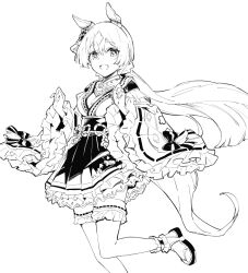Rule 34 | 1girl, animal ears, blush, breasts, chokin-bako no futa, frilled sleeves, frills, greyscale, highres, horse ears, horse girl, horse tail, japanese clothes, kimono, kimono skirt, long hair, long sleeves, looking at viewer, monochrome, obi, okobo, open mouth, sandals, sash, satono diamond (floral star prosperous green) (umamusume), satono diamond (umamusume), small breasts, smile, solo, standing, standing on one leg, tabi, tail, thighhighs, umamusume, wide sleeves