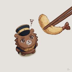 Rule 34 | 1boy, animalization, bear, chopsticks, cub, drooling, feeding, food focus, food request, from above, full body, golden kamuy, hat, highres, kepi, male focus, military hat, mini person, miniboy, scar, scar on face, scar on mouth, scar on nose, scarf, solo focus, sugimoto saichi, tonta (tonta1231), two-tone headwear, wide-eyed, yellow scarf