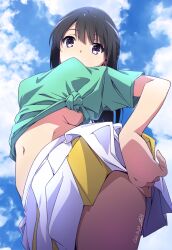 Rule 34 | 1girl, black hair, blue sky, breasts, cloud, commentary request, dated, day, from below, green shirt, hibike! euphonium, highres, kousaka reina, long hair, medium breasts, midriff, navel, nii manabu, outdoors, purple eyes, shirt, short sleeves, signature, skirt, sky, solo, stomach, t-shirt, thighs, tied shirt, two-tone skirt, white skirt, yellow skirt