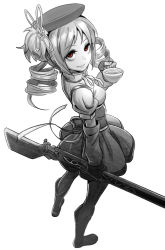 Rule 34 | 10s, 1girl, bad id, bad pixiv id, bags under eyes, beret, boots, cup, drill hair, fingerless gloves, foreshortening, from above, full body, gloves, greyscale, gun, hair ornament, hairpin, hat, highres, ladic, looking up, magical musket, mahou shoujo madoka magica, mahou shoujo madoka magica (anime), monochrome, puffy sleeves, red eyes, ribbon, rifle, solo, spot color, striped clothes, striped thighhighs, teacup, thighhighs, tomoe mami, twin drills, twintails, vertical-striped clothes, vertical-striped thighhighs, weapon, white background