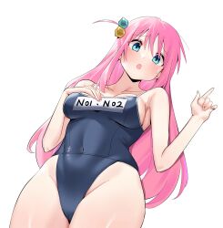 Rule 34 | 1girl, absurdres, armpit crease, blue one-piece swimsuit, blush, bocchi the rock!, breast hold, breasts, chen yang yang, collarbone, commentary, covered erect nipples, cowboy shot, cube hair ornament, curvy, embarrassed, fingernails, from below, furrowed brow, gotoh hitori, groin, hair between eyes, hair ornament, hair spread out, hands up, highleg, highleg swimsuit, highres, index finger raised, large breasts, long hair, looking at viewer, looking down, midriff, one-piece swimsuit, one side up, open mouth, pink hair, school swimsuit, shiny skin, sideboob, sidelocks, simple background, solo, sweatdrop, swimsuit, symbol-only commentary, thighs, very long hair, white background, wide hips