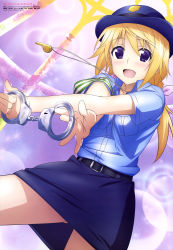 Rule 34 | 1girl, :d, absurdres, armband, belt, blonde hair, charlotte dunois, cosplay, cuffs, female service cap, handcuffs, hat, highres, infinite stratos, long hair, official art, open mouth, pencil skirt, police, police uniform, policewoman, purple eyes, skirt, smile, solo, uniform, whistle, yamamoto shuuhei