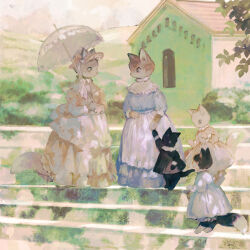 Rule 34 | 1other, 3girls, animal, animal focus, apron, black cat, black shirt, blue dress, bow, bush, cat, commentary request, dress, ears through headwear, frilled dress, frilled shirt collar, frills, grass, hat, highres, holding, holding hands, holding umbrella, house, kitten, leaf, long dress, looking at another, multiple girls, no humans, on stairs, orange dress, original, outdoors, parasol, pink dress, shirt, sleeve cuffs, slit pupils, stairs, standing, tono (rt0no), toto noir, umbrella, white cat