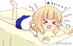 Rule 34 | &gt; &lt;, 1girl, barefoot, blonde hair, blue shorts, blush, closed eyes, commentary request, gochuumon wa usagi desu ka?, kirima syaro, leg up, lying, mitya, nose blush, on stomach, open mouth, outstretched arms, pain, shirt, short shorts, short sleeves, shorts, soles, solo, sweat, translation request, twitter username, wavy mouth, white background, white shirt
